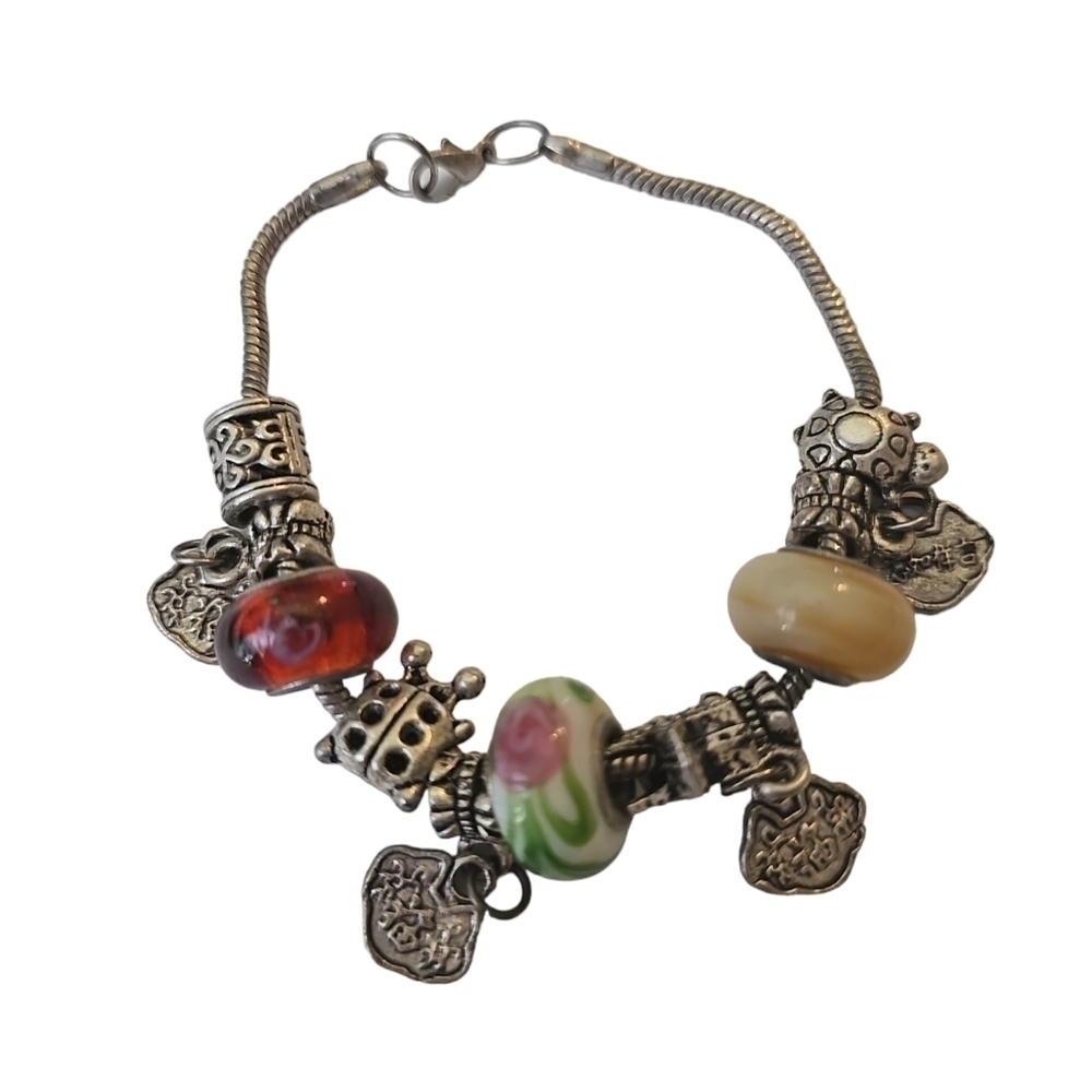 Vintage Silver Charm Bracelet with Murano Glass and Chinese Charms